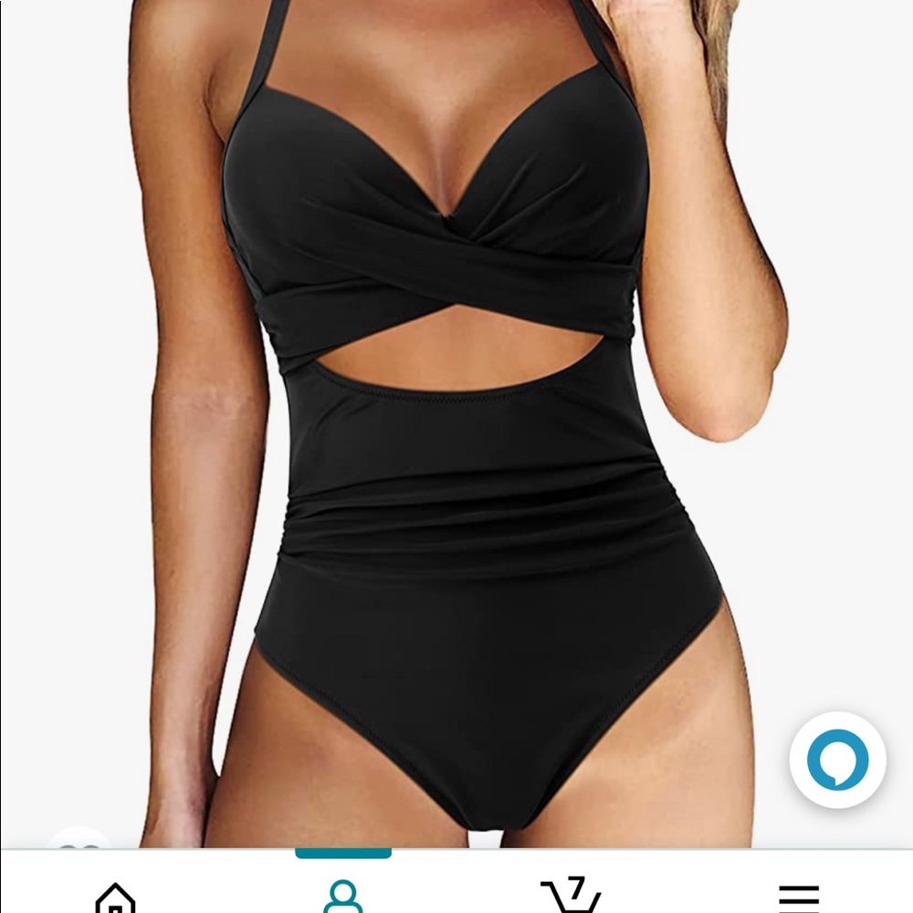 New black swimsuit with cut out in the middle.